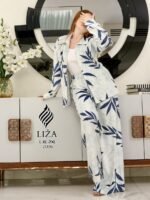 بيجامة فلورال بلو ستايل أنيق ٣ قطع – Blue Floral Elegant Style Pajama 3 Pieces