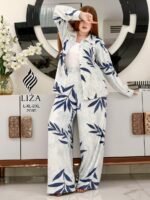 ⁦بيجامة فلورال بلو ستايل أنيق ٣ قطع – Blue Floral Elegant Style Pajama 3 Pieces⁩ - الصورة ⁦4⁩